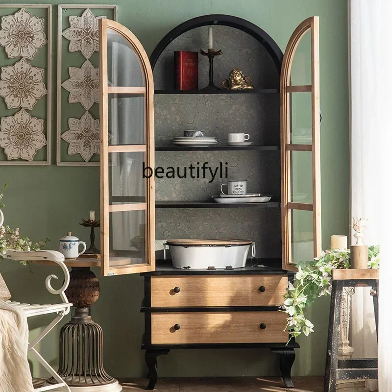 

A57 French retro solid wood glass display homestay entrance arched wine cabinet storage bookcase