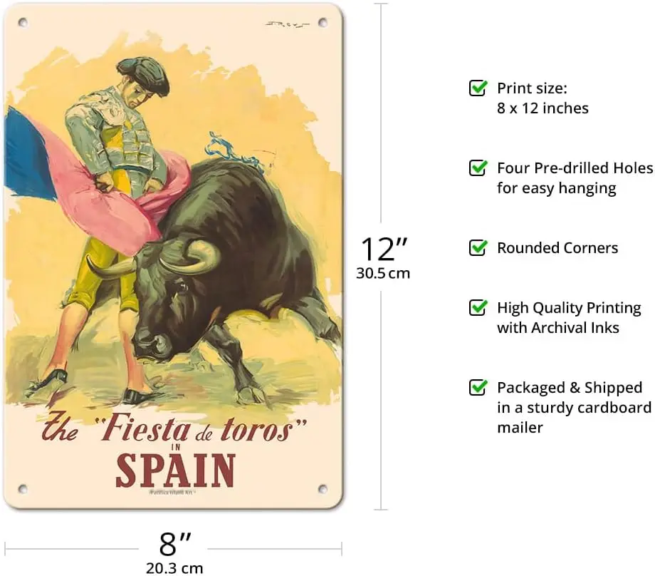 Spain - The Festival of the Bulls (Fiesta de Toros) - Vintage Travel Poster by Juan Reus c.1950s - 8 x 12 inch Vintage Metal Tin