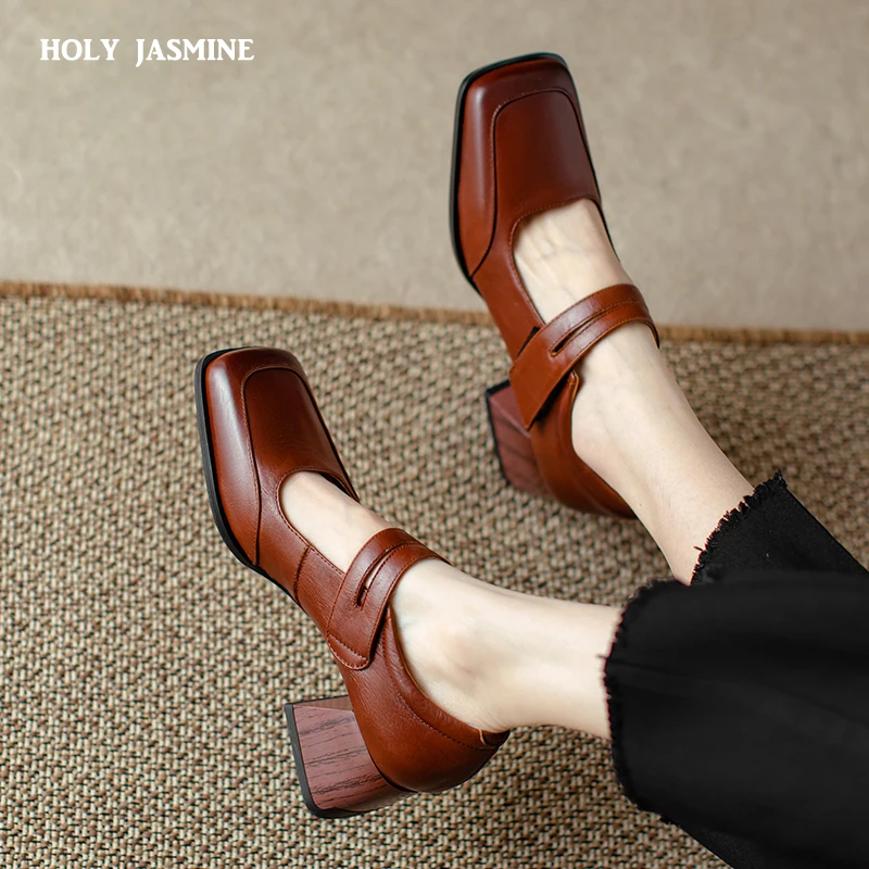 2022 New Retro Genuine Leather Shoes Women Pumps High Heels Mary Janes Platform Shoes Spring Summer Ladies Party Shoes Heels