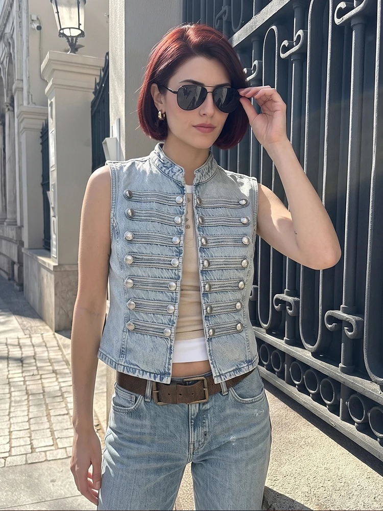 HH Women Spring Summer Wash Denim Vest Stand Collar Double Breasted Silver Button Cropped Waistcoat for Daily Casual Vacation