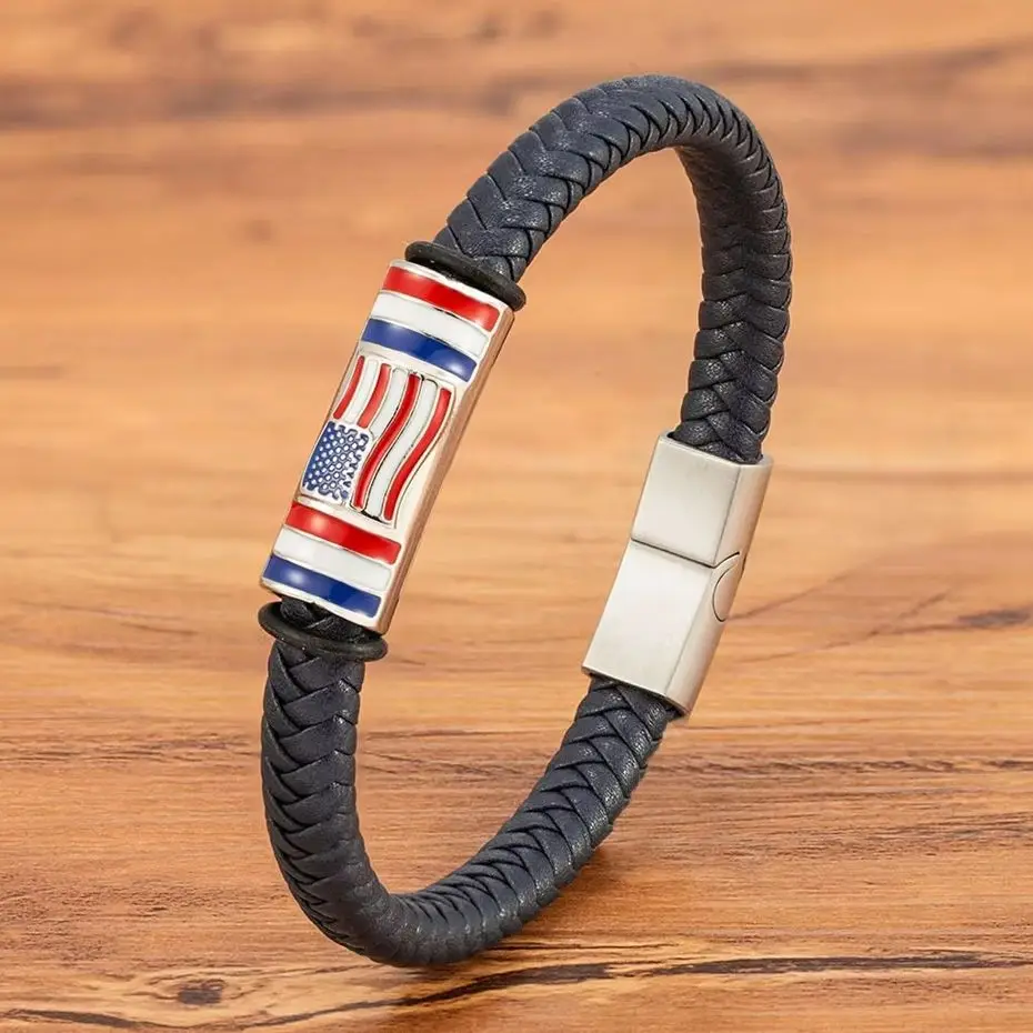 XQNI Spain France US National Flag Leather Bracelet for Men Women American Flag Stainless Steel Magnetic Clasp Wristband Jewelry