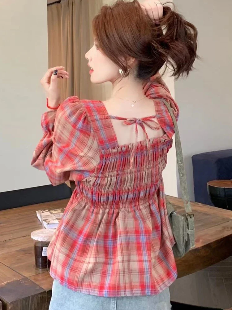 

Sweet Vintage Plaid Shirt Women Casual Puff Sleeve French Blouse Retro Square Collar Female Lace Up Slim Elegant Tops New