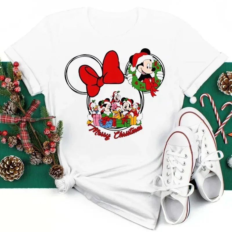 2023 Disney Merry Christmas Women's T-shirt Fashion Casual Short Sleeve T Shirt Cute Mickey Christmas Print Y2k Clothes Tops