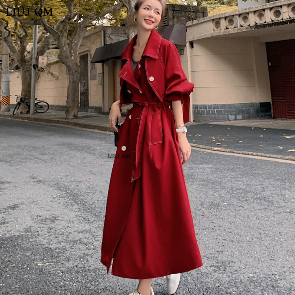 Spring Autumn Double Breasted Trench Coat Women\'s Temperament  Red Windbreaker Overcoat Woman Long Over Knee England Style 2023