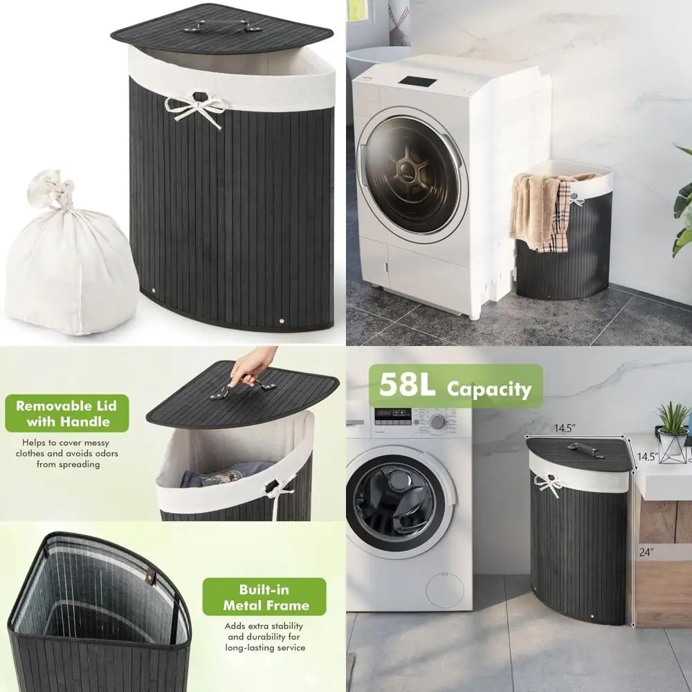 

Большая бамбуковая корзина для белья с крышкой и съемным вкладышем, треугольный дизайн для компактных помещений.