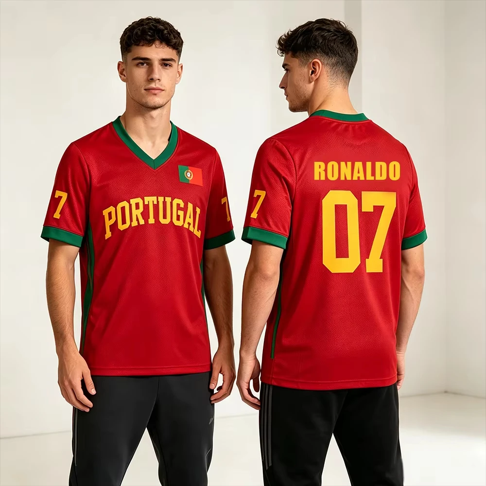 Portugal Fußballtrikot CR7 Nummer Rot Fan-Shirt für Damen und Herren Modisches Atmungsaktives Mesh-Trikot V-Ausschnitt Übergroßes Fußball-Oberteil – Detail 5