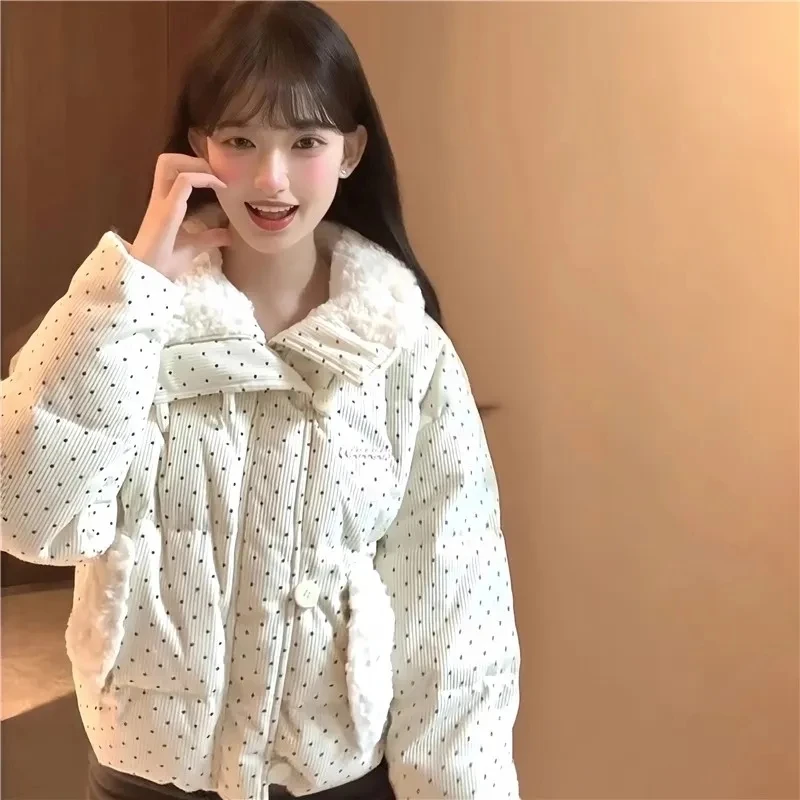 アメリカンレトロ韓国風水玉模様コットン冬用トップス、甘くて可愛い、ゆったりとした着痩せ効果のあるジャケット、2025年新作