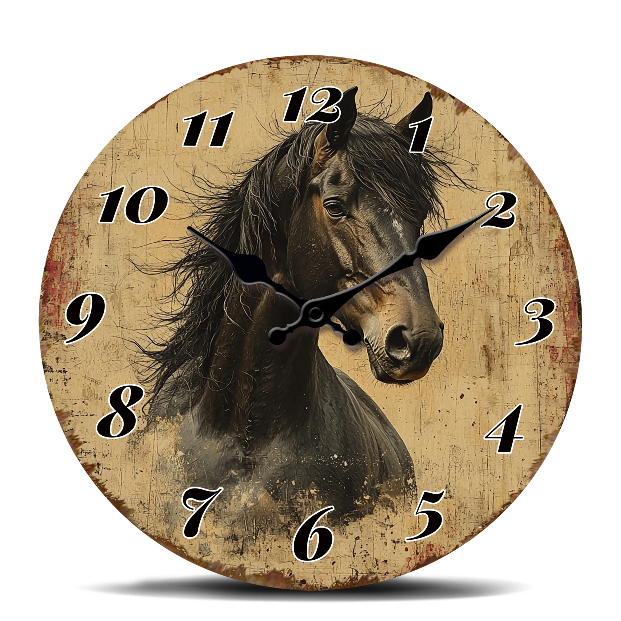 Rustic Black Horse Portrait Round Wall Clock, Vintage Distressed Style Design, Durable Material High-Precision Silent Wall Clock