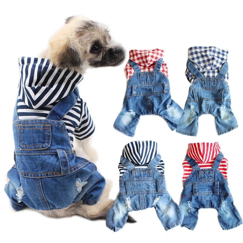 Spring Pet Dog Jumpsuit Denim Overalls for Dogs Plaid Jeans Jacket Pants Suit Onesies Small Dog Clothes Yorkie Chihuahua Apparel