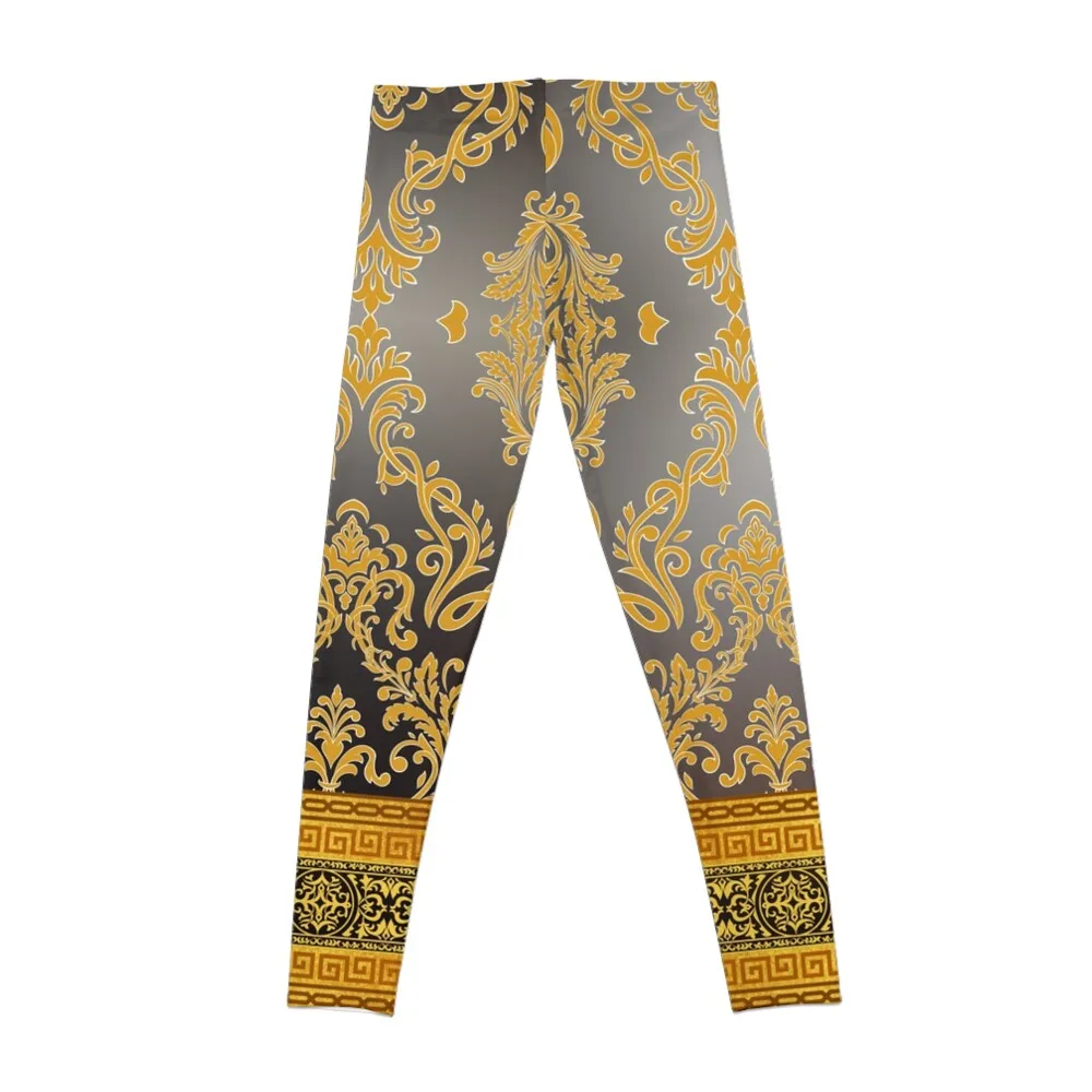 Greek Key Ornate Floral Baroque Black Silver and Gold Leggings sport pants Women\'s sportswear Women\'s trousers Womens Leggings