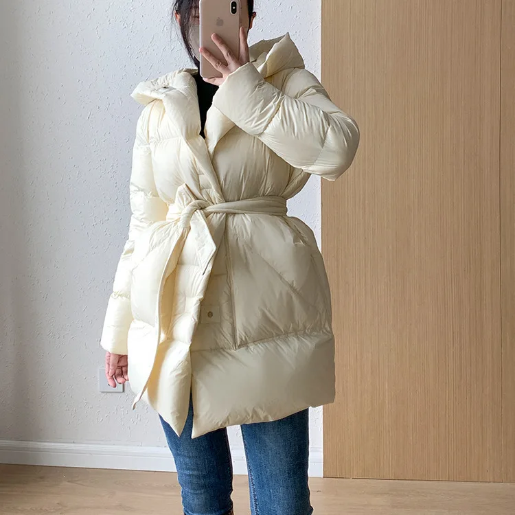 BZVW White Duck Down Jacket Women's 2024 Winter New Clothing Hooded Solid Color Belt Gathered Waist Casual Coats Female 25Z1746