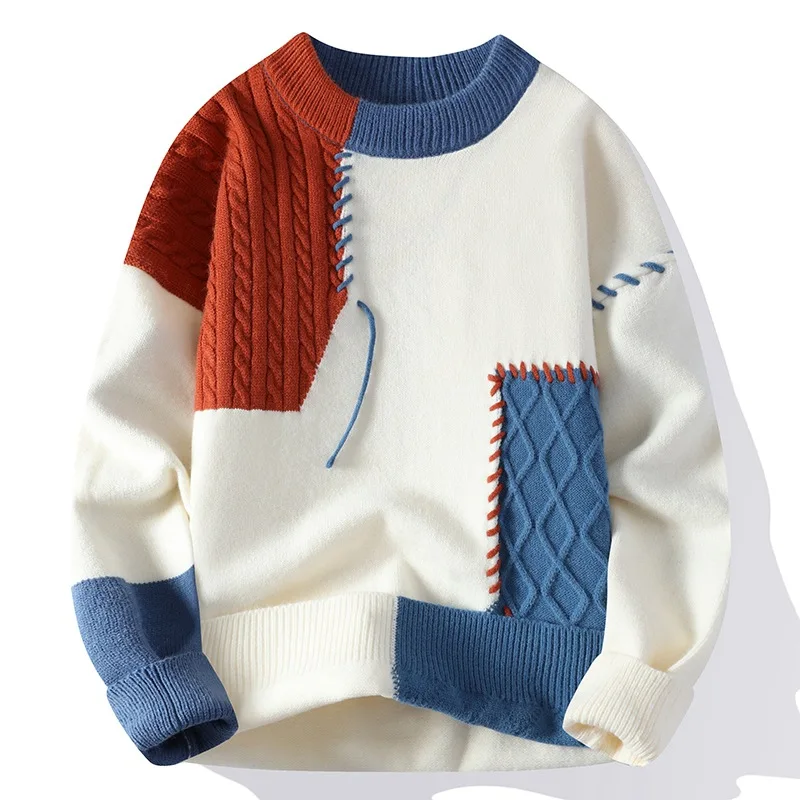 

2025 Winter Warm Sweater Men's O-neck Soft Pullover Splice Colorful Knitted Sweater Men