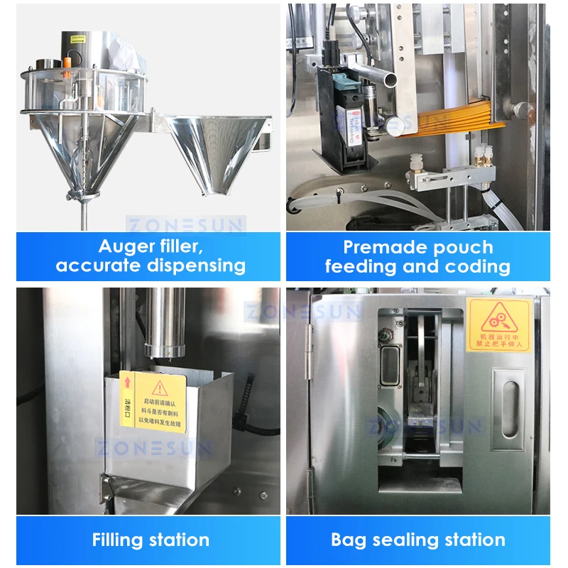 ZONESUN Automatic Powder Auger Filling Sealing Machine Tea Spice Chili Milk Coffee Pouch Bag Packaging Metal Detector ZS-PFSL1