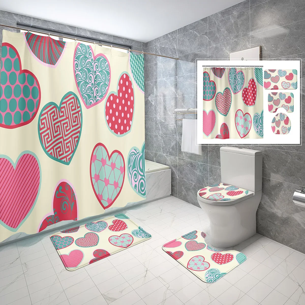 4 Pcs Colorful Heart Shower Curtain Sets with Toilet Lid Cover and Non-slip Mat Lovers Pattern Waterproof Shower Curtain Set