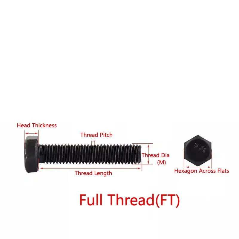 Black Partial/Full Thread Hex Head Fine-Thread Bolt/Screw Fine Thread External Hexagon Screw M8 M10 M12 Pitch 1/1.25/1.5mm