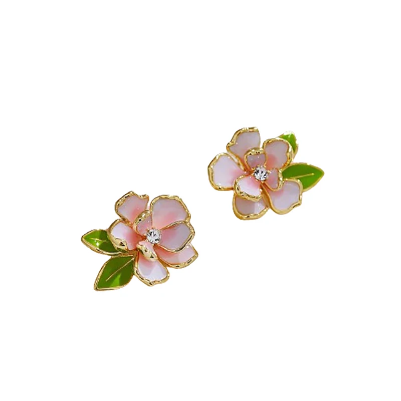 1Pair Fashion Camellia Enamel Flower Leaf Earrings Sweet Elegant Stud Earrings For Women Girls Anniversary Jewelry Gifts