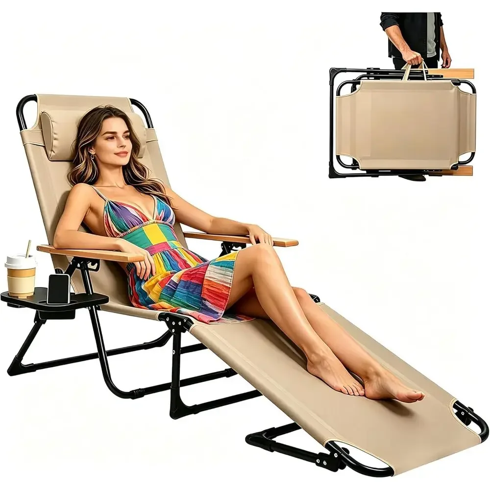 4-Position Outdoor Patio Lounge Chair with Cup Holders and Wooden Armrests, Supports Up to 350 lbs, Beige