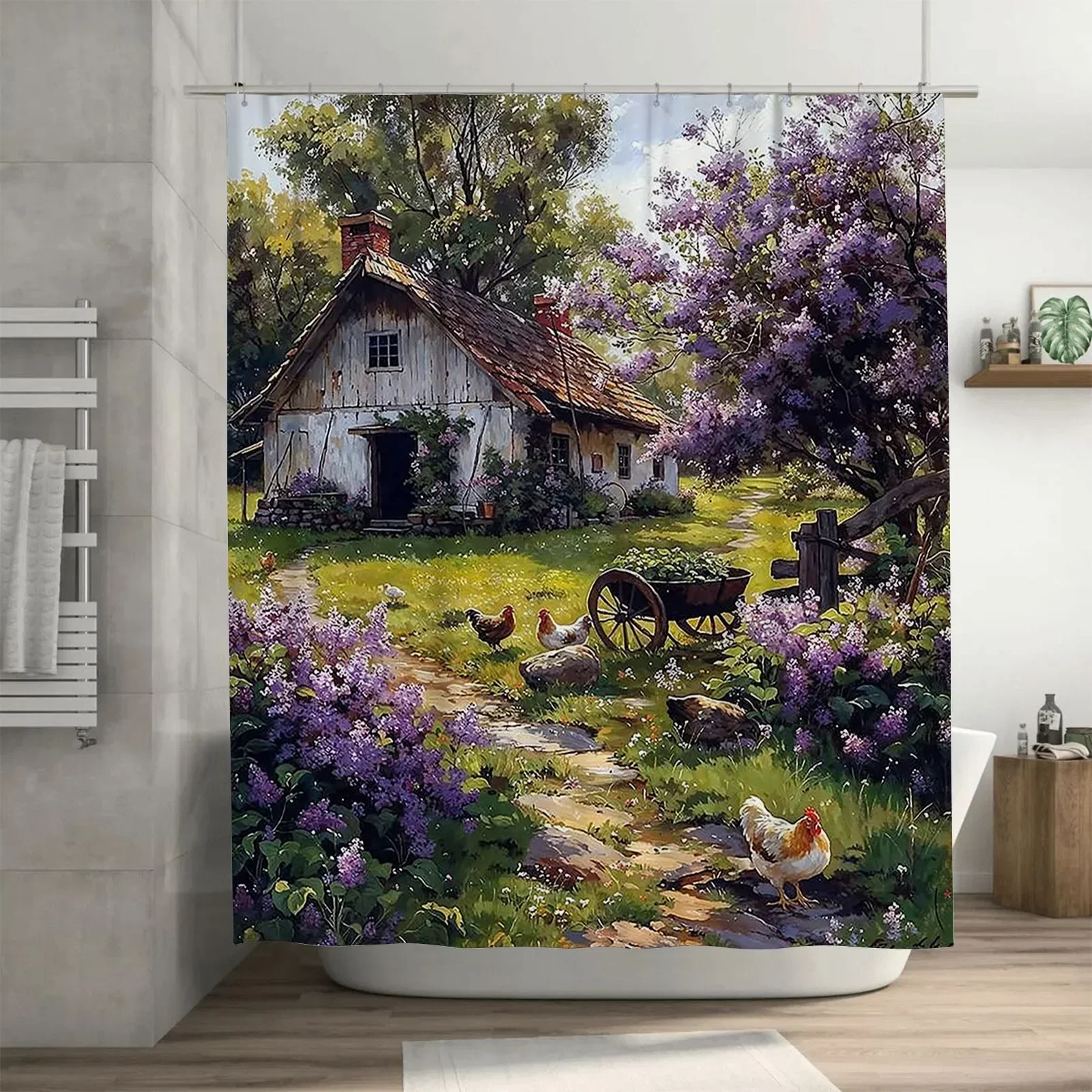 ~O~Rustic Cottage with Chickens and Flowers Waterproof Shower Curtain Heat Resistant Machine Washable Non-Transparent 180x180cm