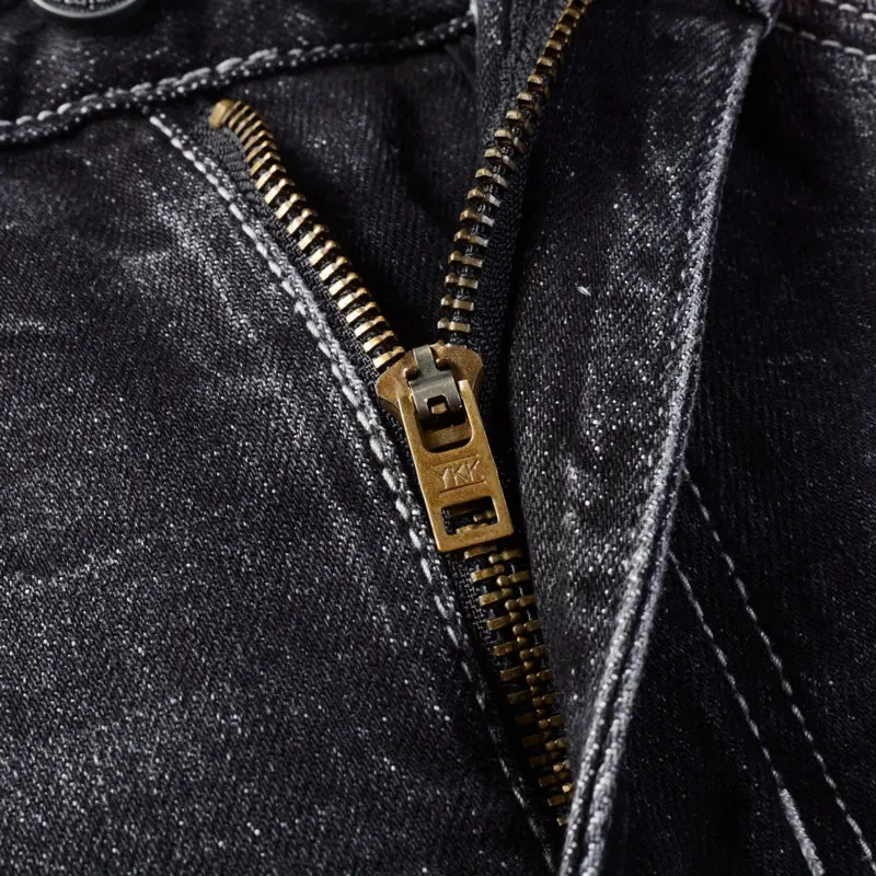 Newly Designer Fashion Men Jeans Retro Black Gray Stretch Slim Fit Vintage Ripped Jeans Men Patched Designer Hip Hop Denim Pants