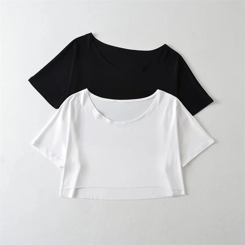 Amerikaanse Lazy Sle Sexy Een oulder f Sve Casual Losse Navel Verzwakte ort Sve T-shirt Streetwear Pure Kleur