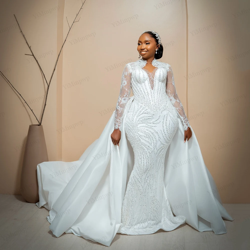 

2 In 1 Nigeria Wedding Dresses Beaded Sequin O-Neck Full Sleeve Applique Bride Gowns 2026 Detachable Train Mermaid Customized