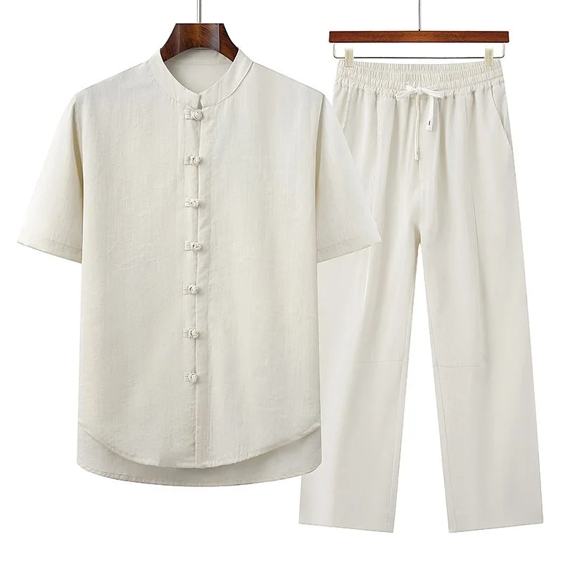 Summer Fashion Solid Color Retro Sports Long Sleeve Shirt Linen Suit Men's Loose Comfortable Breathable High-Grade Two-Piece Set