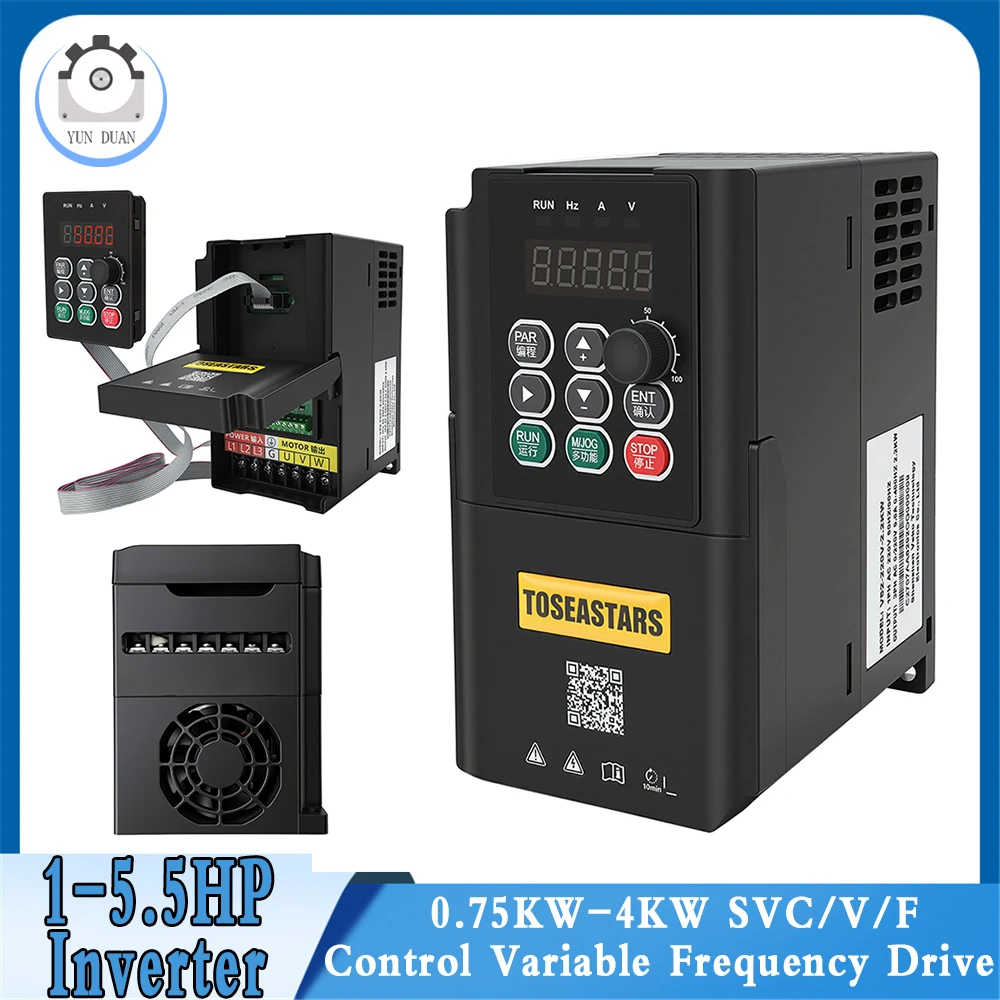 220V/380V Variable Frequency Drive 750W 1.5KW 2.2KW 4KW VFD 1PH/3PH to 3PH Sensorless Vector SVC Control Motor Speed Controller
