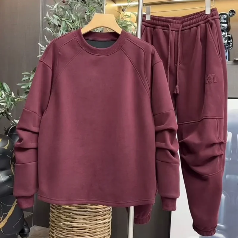 New Winter New Velvet Thickened Sweatshirt Sweatpants Two-piece Set Men Fashionable Versatile Loose Solid Casual Sports Suit