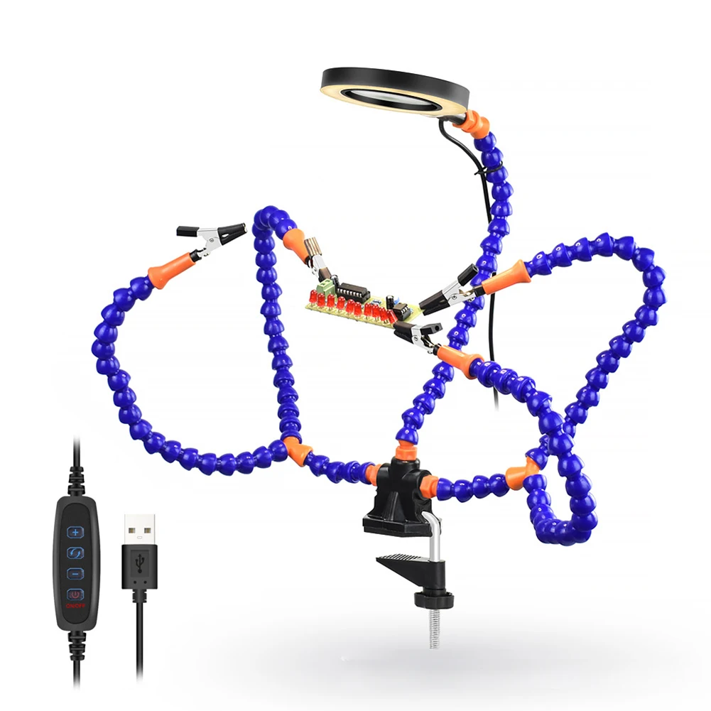 はんだ付け用サードハンドツール 3X 拡大鏡 LED ライト付き ヘルピングハンド はんだ付け 調整可能なクランプ 読書作業/PC ボード/溶接用