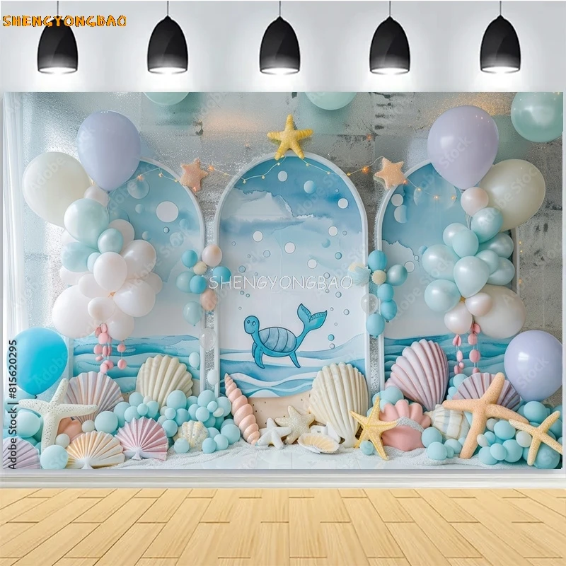 

Mermaid Baby Birthday Digital Photography Backdrops Prop Vibrant Balloons Rainbow Clouds Photo Studio Background AO-05