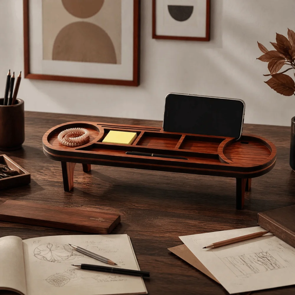 Durable Heightening Desktop Storage Rack Long Wooden Cup Holder Decorative Space Saving Desktop Organizer Home Office