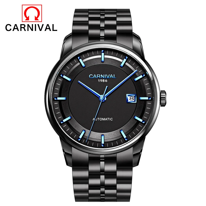 

CARNIVAL Top Brand Luxury Men Mechanical Watch Luminous 30M Waterproof Fashion Blue Pointer Calendar Display Relogio Masculino