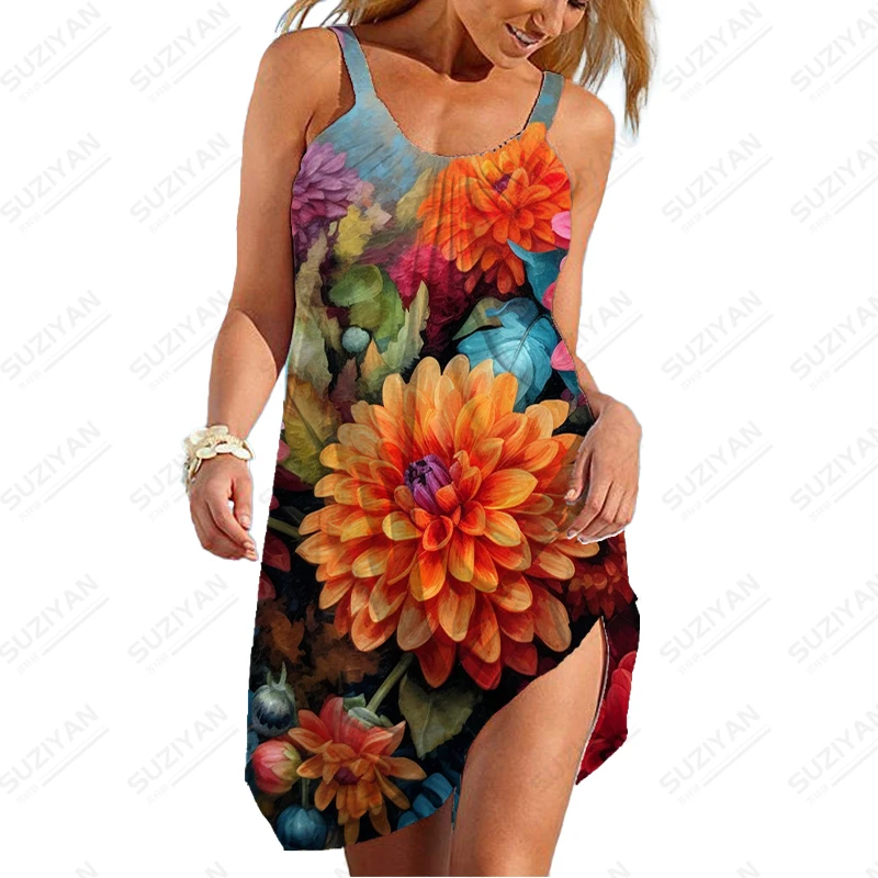 

Ladies Hawaii Beach Party Sexy Dress High -quality 3D Flower Printing Dress Street Leisure Fashion Women's Sligue Dress