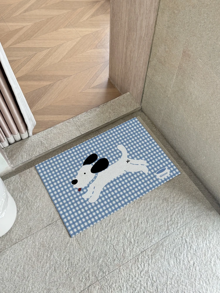 

Милый мультяшный коврик для ванной с собачкой, впитывающий влагу, в клетку, из диатомовой грязи, мягкий, нескользящий, быстросохнущий, для ног