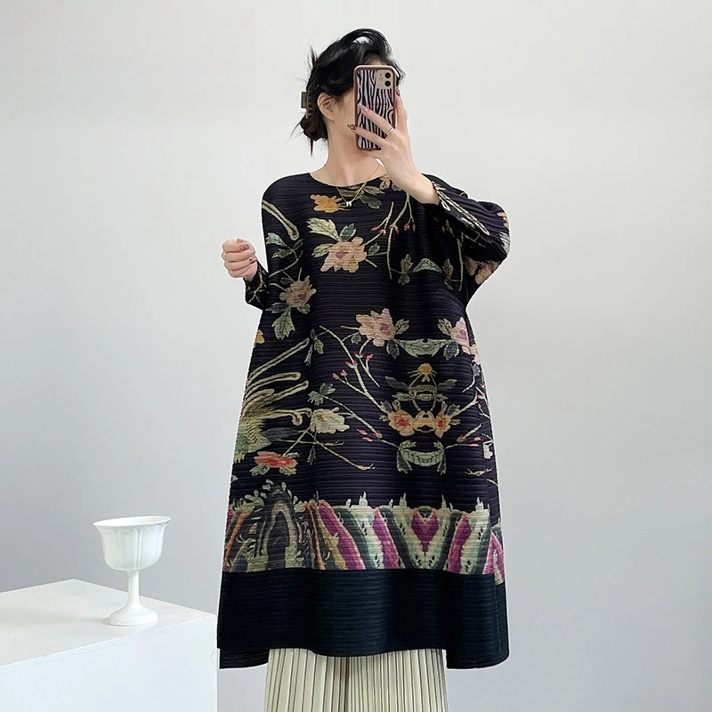 

Miyake Pleated 2026 New Spring and Fall Pleated Clothes Printed Jitterbug Dress Long-sleeved Casual Loose Daily Dresses Women
