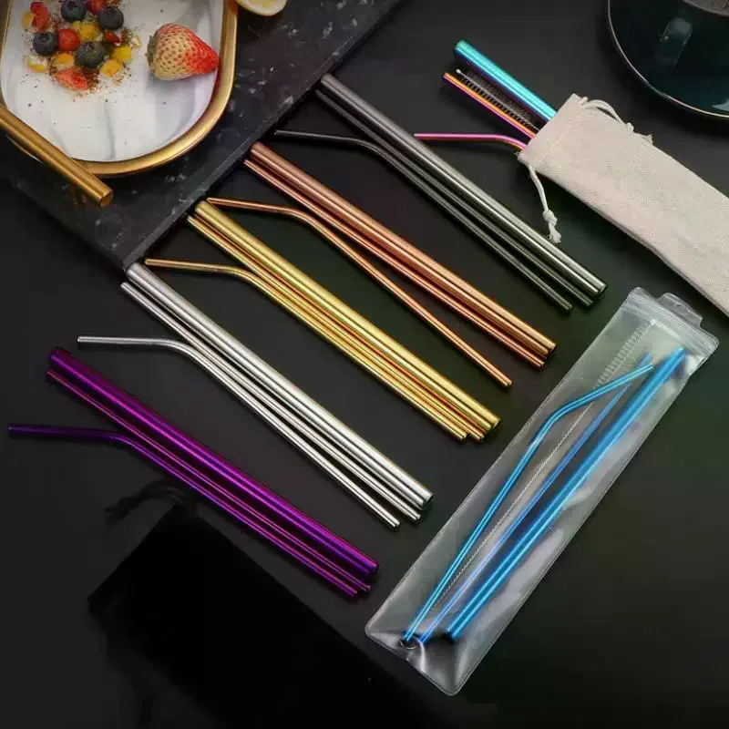 4PCS Stainless Steel Straw Reusable Metal Drinking Straw With Cleaner Brush For Home Party Barware Bar Accessories