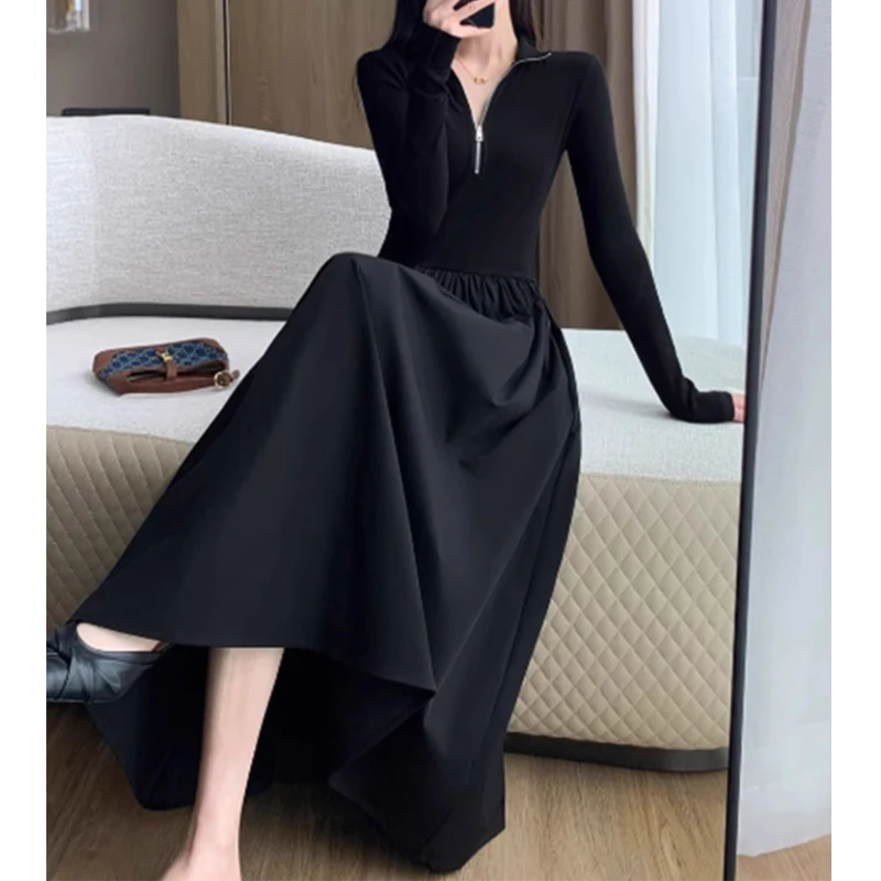 Women Korean Fashion Polo Collar Half Zipper Elegant Party Dresses Autumn Black High Waist Long Sleeve Slim Basic Dress Vestidos