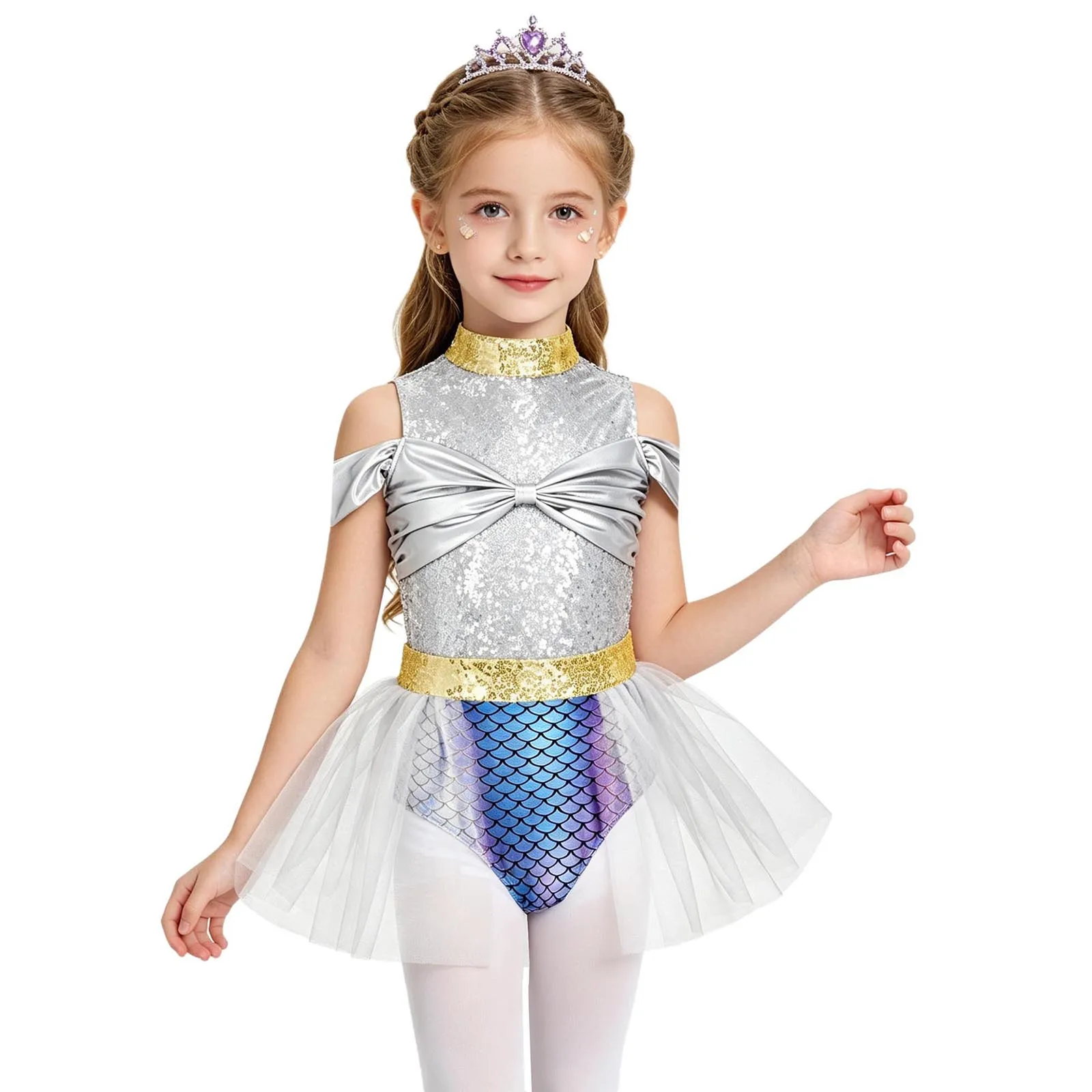 

Kids Girls Sleeveless Off-shoulder Bodysuit Jumpsuit Attached with Tulle Skirt for Ballet Dance Stage Performance Competition