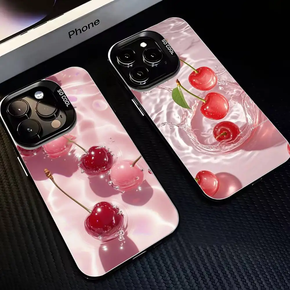 

Cherries Floating Pink Water Phone Case For iPhone17,16,15,14,13,12,11 Plus,Pro Max Black Matte Shockproof Cover
