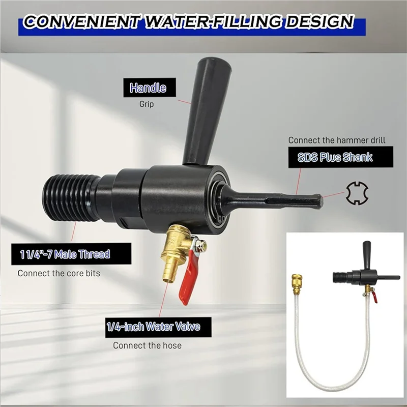 Hot Sale-1 1/4In-7 Male To SDS Plus Drill Adapter Kit- Water Injection Capable,Includes Solid Brass Hose Quick Connector And Hos