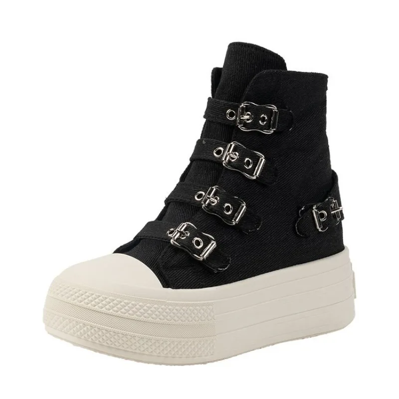 Women Platform Canvas Shoes Casual Outdoor Versatile Sneakers Buckle Design High Top Boots Fashion Zipper Shoes Female Botines