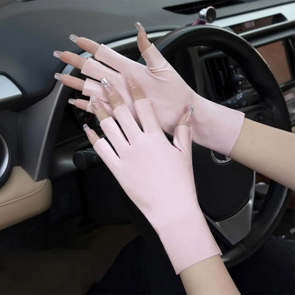 Women's Summer Ice Silk UV Protection Sunscreen Gloves Half Finger Thin Breathable Cooling Driving Gloves