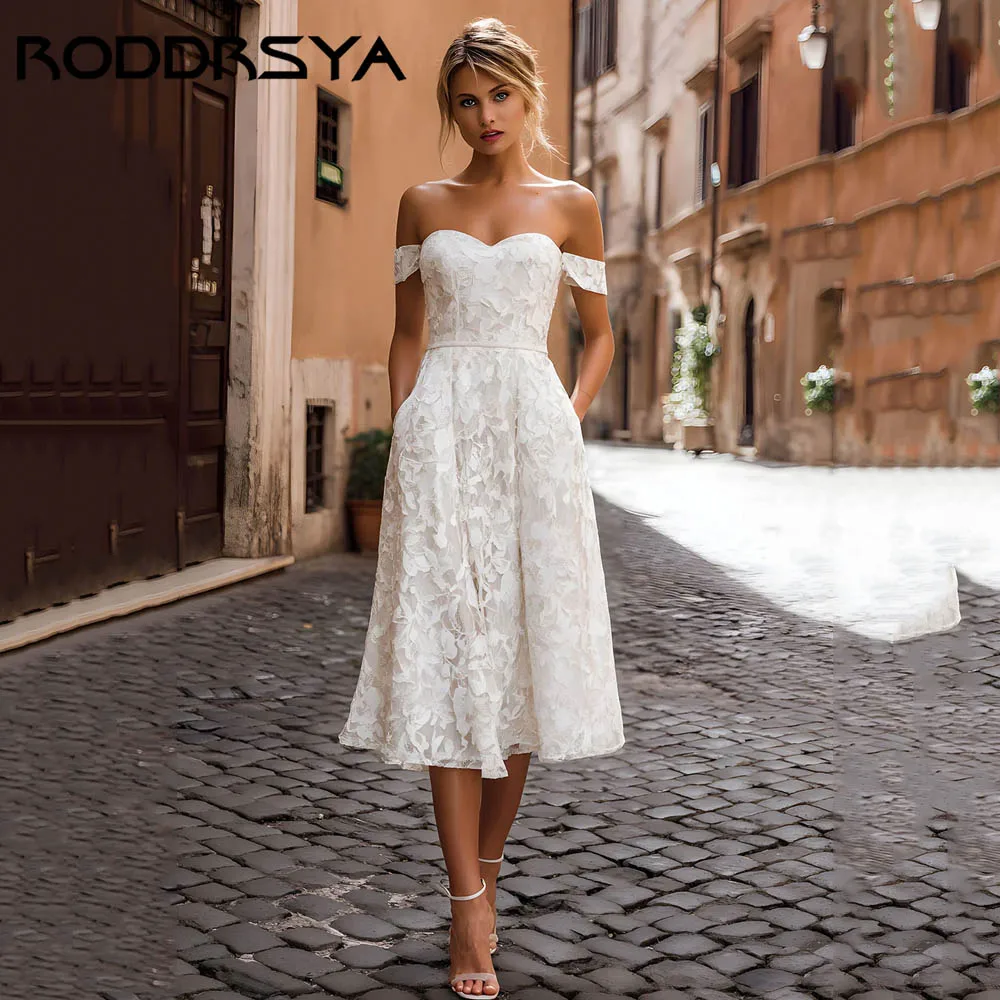 RODDRSYA White Off Shoulder Midi Wedding Dress A-line Appliqués Occasions Gowns Sweetheart Backless vestidos de novia Customized
