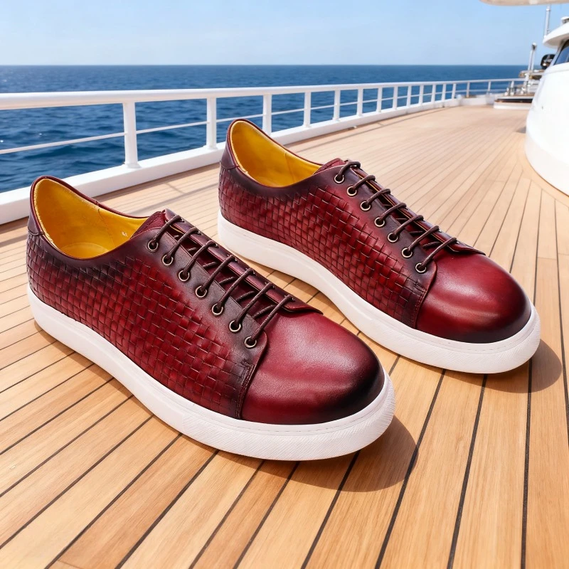 Luxury Shoes Men Red Blue Fish Pattern Embossed Comfortable Casual Sneakers Genuine Leather Party Daily Versatile Men's Shoes