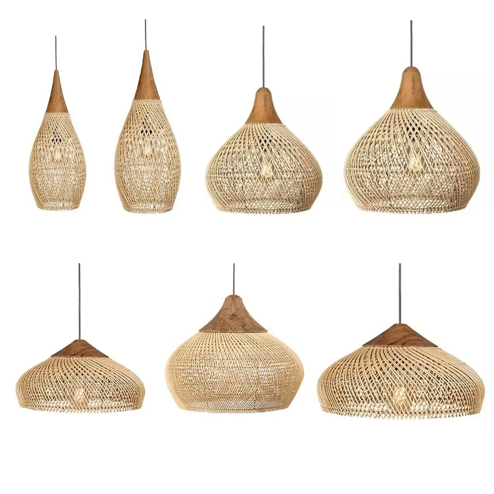 Rattan Pendelleuchte Beige Vintage gewebter Korbgeflecht Kronleuchter E27 LED Deckenhängelampe für Esszimmer Wohnzimmer Esstisch