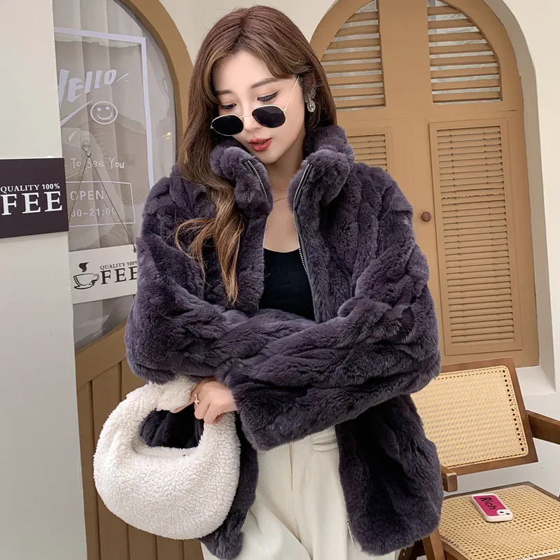 Damska kurtka z futra królika Rex, casualowa, zimowa, nowa moda, stójka, zapinana na zamek, gruba, ciepła, futrzana, luźna odzież wierzchnia, model W1157