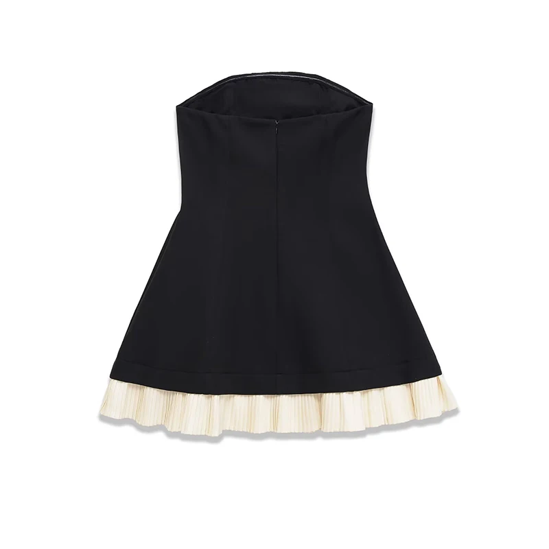 Yenkye preto sexy vestido sem alças feminino plissado hem retalhos magro a linha festa mini vestidos roupas chiques