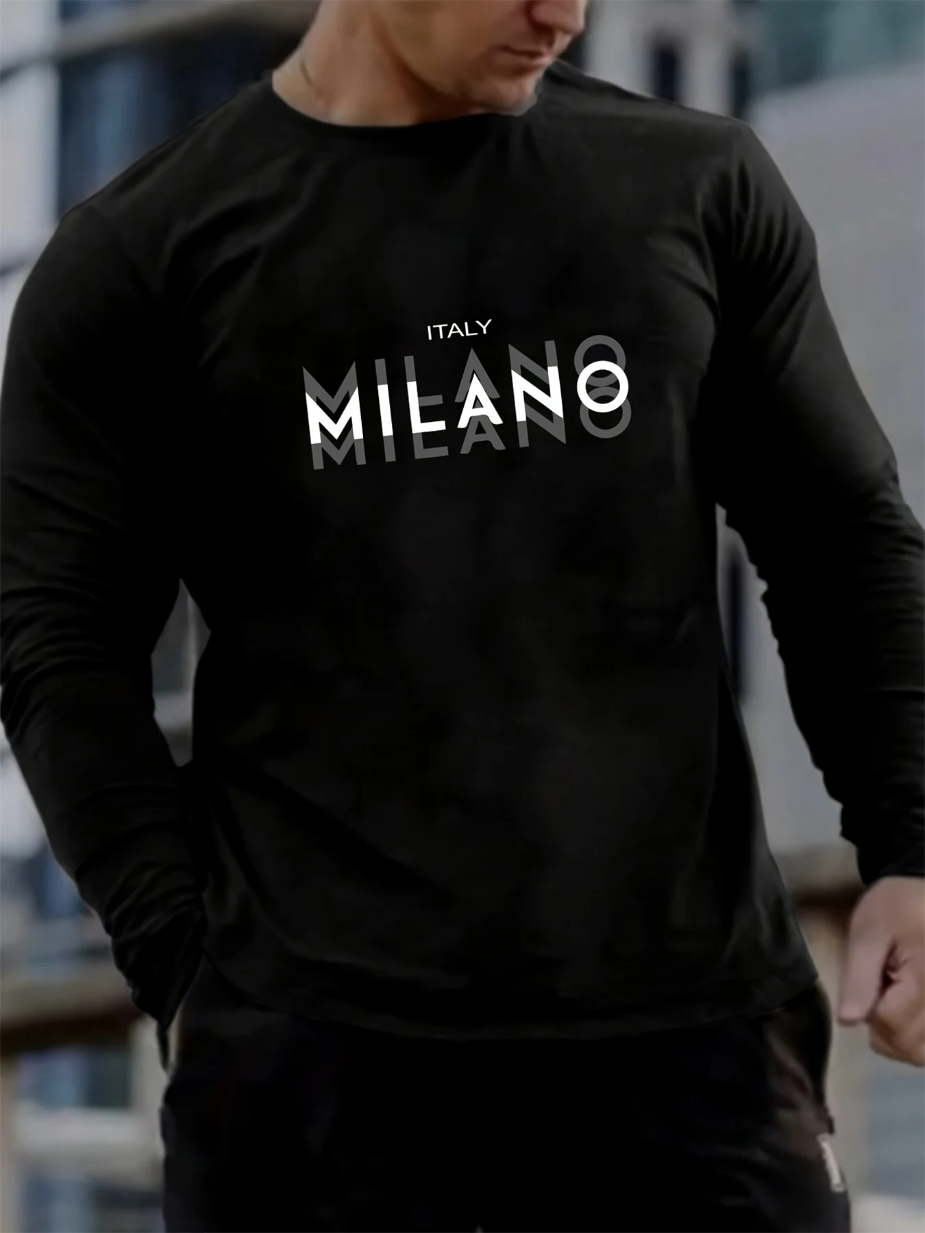 Men's 100% pure cotton loose fit plus size comfortable casual sports MILANO letter printed round neck long sleeved T-shirt top