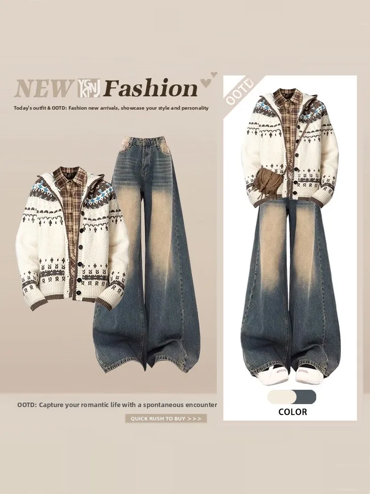

Winter 2026 Women's Knitted Sweater Plaid irt Wide Leg Jeans Tee Piece Set Retro Color Blo High Waist Trousers Long Sve