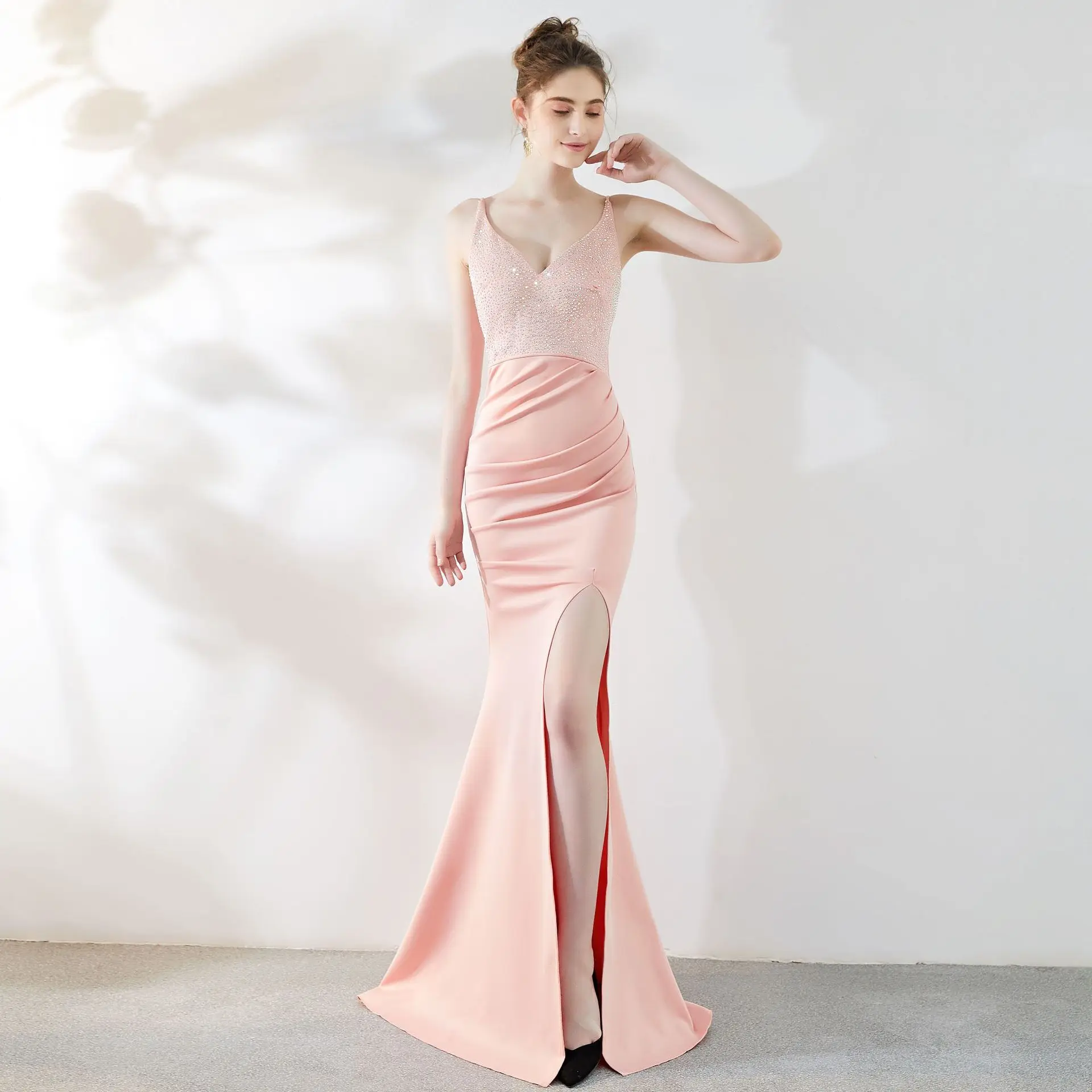 Evening Dress Pink Crystal Stretchy Sgaphetti Straps Zipper Mermaid Trumpet Floor Length Slit Women Party Formal Gown YE294